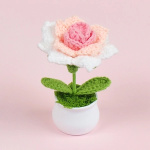 Handmade crochet pink and white rose in white ceramic pot, knitted floral desktop ornament
