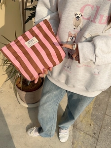 Pink and brown striped canvas makeup bag held by a model for travel storage