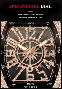 Macro shot of rose gold tonneau watch face featuring iced out crystals and skeleton dial