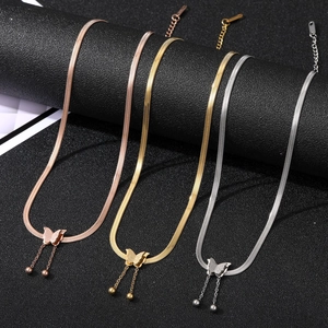 Three-color double-layered butterfly pendant necklaces with sleek snake chain and tassels