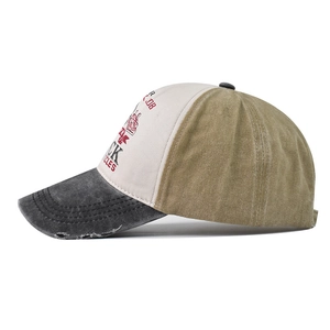 Vintage washed cotton baseball cap with retro biker print and distressed patchwork design
