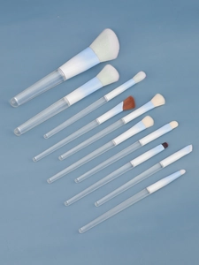 Detail of 10-piece gradient blue makeup brush set with soft white fiber bristles