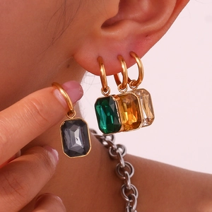 Gold plated rectangular zircon drop earrings in four colors for women in trendy style