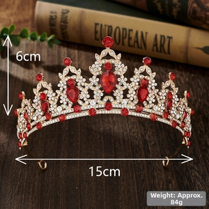 Baroque bridal crown detail with red rhinestones and dimensions 15x6cm on dark background
