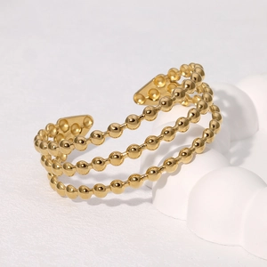 Elegante bracciale rigido a tre strati di perline dorate in acciaio inossidabile lucido