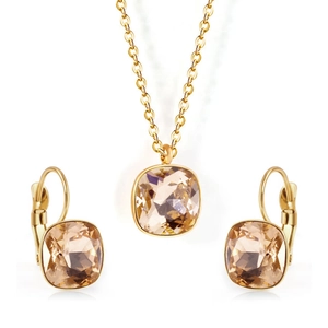 Detail view of champagne zircon square pendant necklace and matching gold earrings set