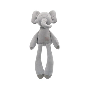 Grey plush elephant toy with soft texture and closed eyes on a white background