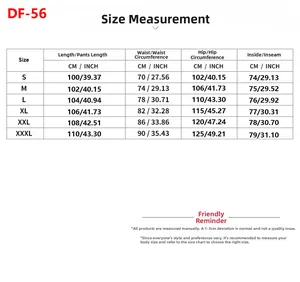 Detailed size chart for men casual pants with length, waist, hip, and inside measurements