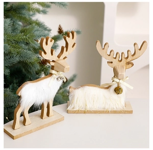 Detail of wooden reindeer ornament with white faux fur and small silver bell