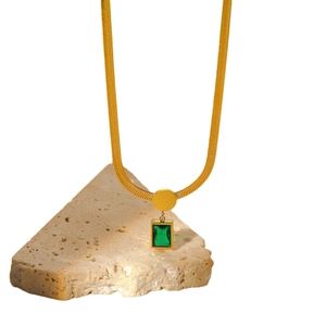 French retro gold snake chain necklace with a rectangular emerald green zircon pendant