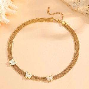 Golden mesh choker necklace with white butterfly charms and 18K gold plated finish