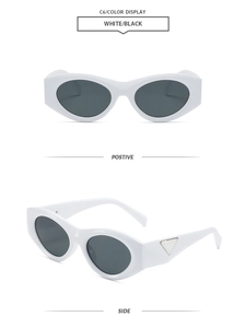Detail view of white cat eye sunglasses with grey lenses from front and side angles