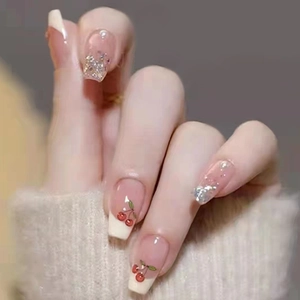 Press On Nails French Square Medium Long Artificial Fingernails With Cherry Pattern Artificial Pearl Glitter Accents