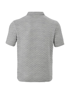 Detailed back view of grey short-sleeved Polo shirt featuring unique chevron textured fabric