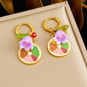 Orecchini A Cerchio In Acciaio Inossidabile Con Ciondoli Fiore Viola E Fetta Di Limone Frutta Stile Dolce Per Donne