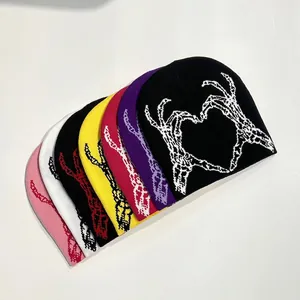 Skull heart jacquard knit beanies in multiple colors for Halloween and winter fashion