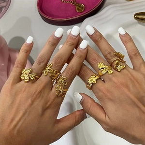 18k gold plated stainless steel open rings with flower and butterfly designs