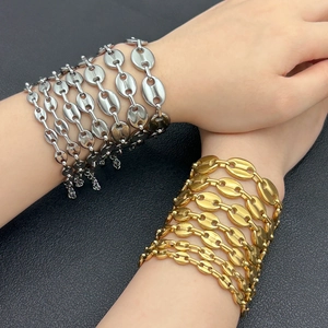 Hip hop coffee bean link bracelet set in 18K gold and silver polished stainless steel