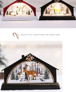 Close-up of lighted Christmas snow globe lantern with reindeer and snowman scenes