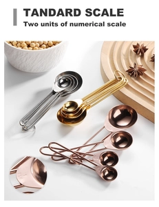 Detail view of engraved measurement scales on rose gold stainless steel measuring spoons