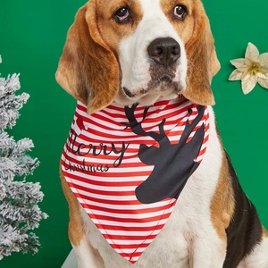 Close-up of red and white striped Christmas pet bandana with black reindeer silhouette