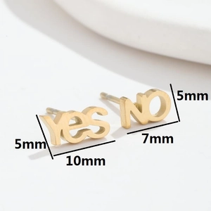 Minimalist stainless steel asymmetric Yes No letter stud earrings in gold finish