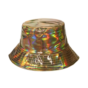 Metallic gold holographic bucket hat with laser rainbow reflection for street fashion