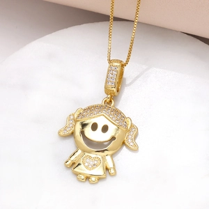 Gold plated cartoon girl pendant necklace with white zircon stones and heart detail