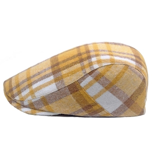 Detailed side view of a yellow plaid wool flat cap showing its classic British profile