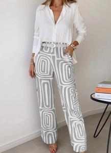 Women's casual grey and white geometric print wide-leg trousers with silver buckle belt