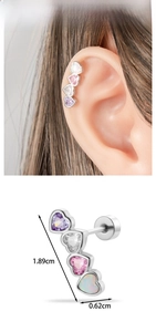 Detailed size view of heart zircon cartilage studs with four colorful gemstones