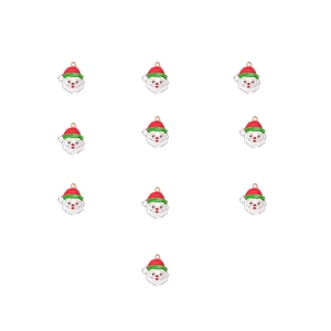 Detail view of ten enamel Santa Claus charms in red and green for DIY jewelry making