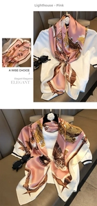 Detail showing vintage lighthouse and castle prints on a 90cm pink silk scarf