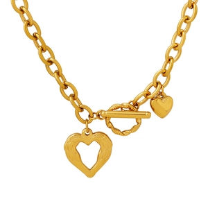 French style gold OT buckle heart necklace with vintage carved wing pendant