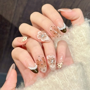 Elegant 3D floral press-on nails with rhinestone accents and vintage polka dot pattern