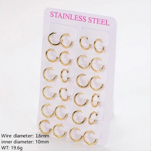 Set of 12 pairs of 18K gold plated stainless steel hoops with 1.6mm thickness on card