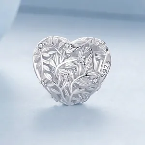 925 Sterling Silver Heart Leaf Charm Hollow Out Bead With Zirconia For DIY Bracelet Making Women Jewelry Birthday Gift