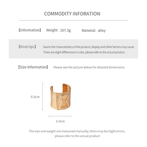 Detailed spec sheet of gold linear hourglass open cuff showing 6.5cm height and dimensions