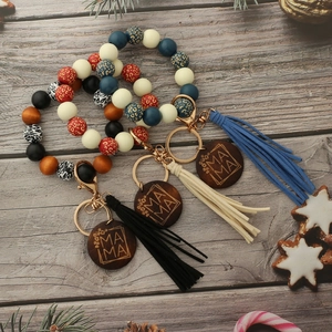 Leopard print wood bead keychain bracelet with leather tassel and MAMA wooden charm