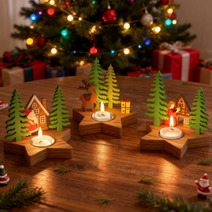 Three-piece wooden Christmas star candle holder set with festive laser-cut figurines