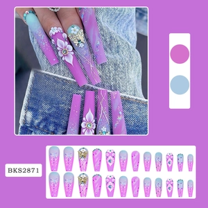 Purple and blue gradient long coffin press-on nails with butterflies and flowers