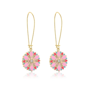 Orecchini bohémien con fiori in smalto colorato e zirconi placcati in oro vero