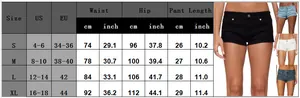 Detailed size chart for low waist stretch denim shorts showing US and EU measurements