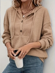 Women's khaki hooded ribbed sweatshirt with long sleeves and decorative button detail