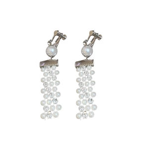French vintage style pearl tassel earrings with rhinestones in elegant silver finish