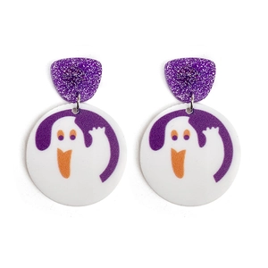 Halloween cartoon ghost earrings with purple glitter tops and white acrylic pumpkin charms