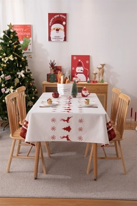 Detailed close-up showing the waterproof texture and festive pattern of Christmas tablecloth