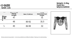 Size chart for lace off-shoulder long sleeve corset top showing detailed measurements in cm