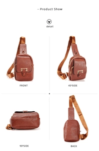 Detailed four-angle view of vintage brown PU leather sling bag with gold metal buckle