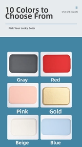 Mini portable makeup mirrors shown in grey, red, pink, gold, beige and blue finishes
